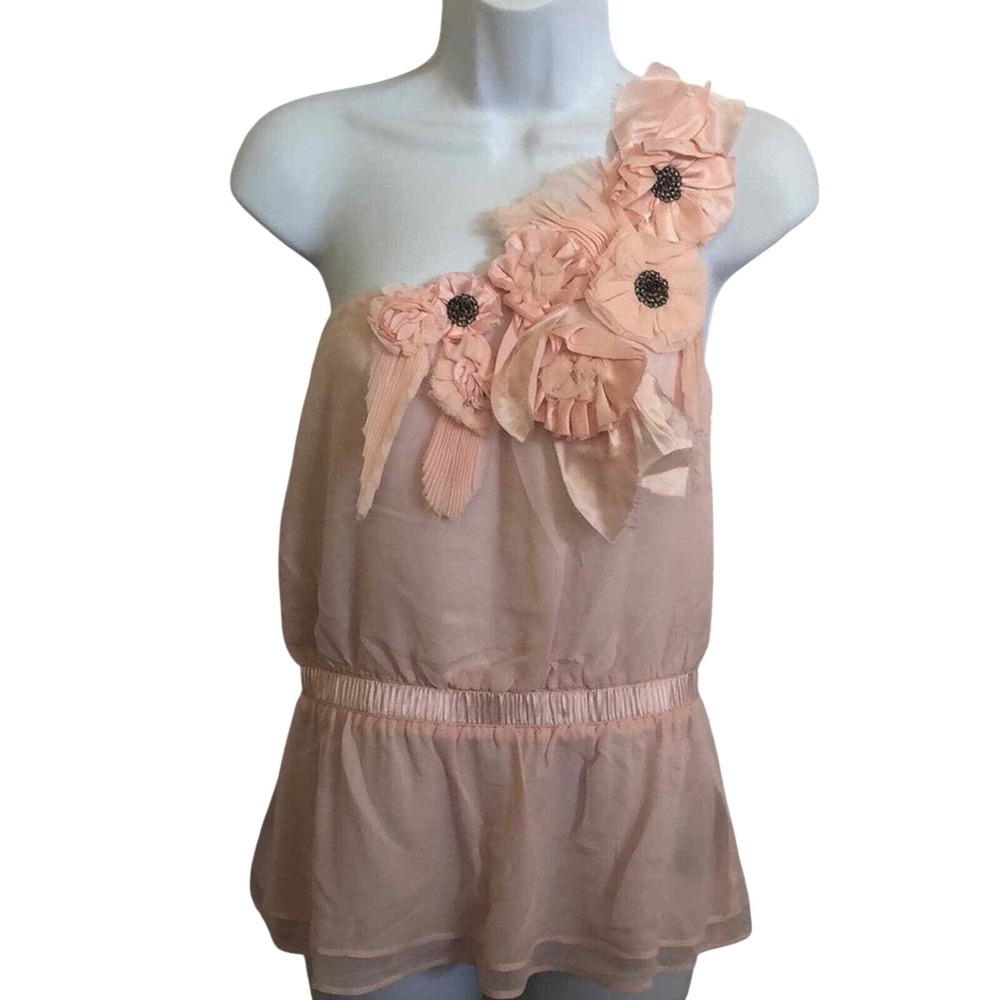 Bebe Danielle One Shoulder Floral Applique Chiffon Top Pink Small 60CRX1015429
